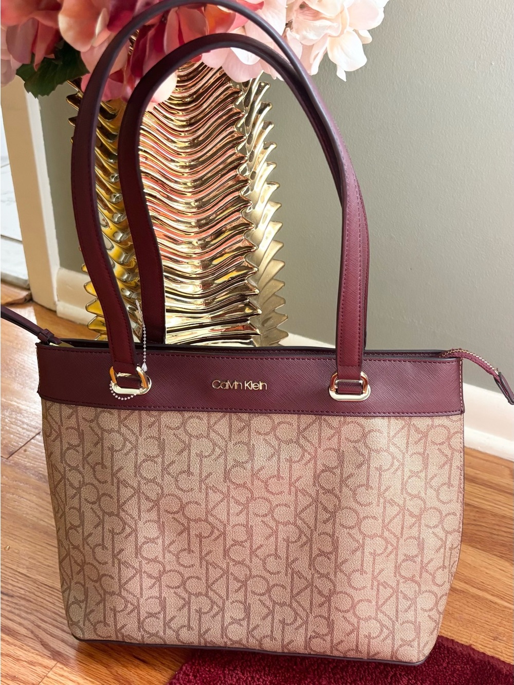 Calvin Klein Beige Monogram Tote with Burgundy Trim - Picture 3 of 7